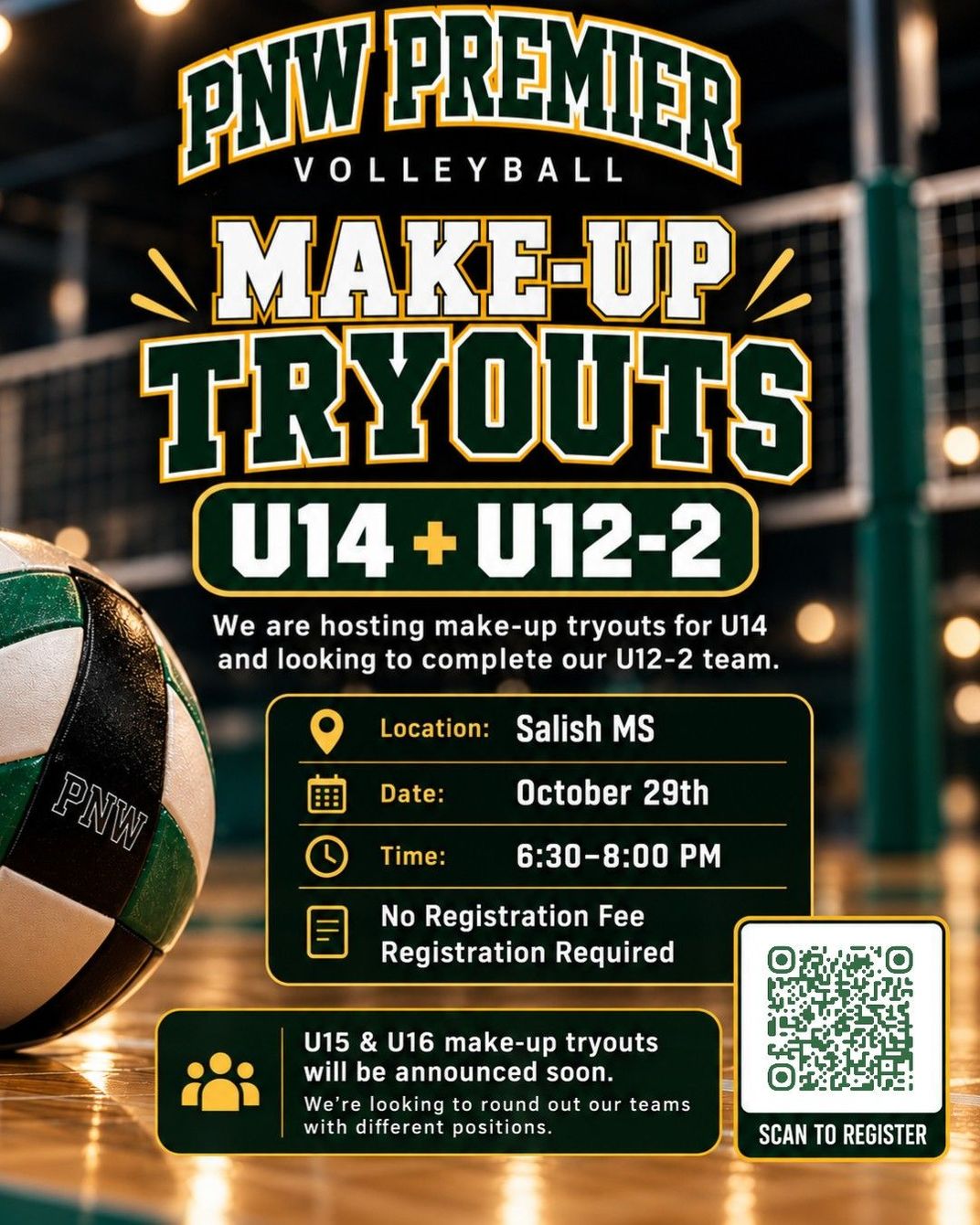 PNW Premier Volleyball Club tryout registration flyer in black, gold, and white for 2026–2027 season