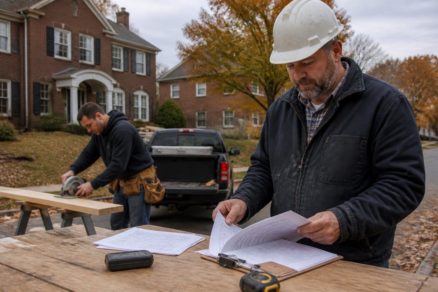 Pennsylvania home improvement contractor reviewing registration and insurance paperwork at a job site