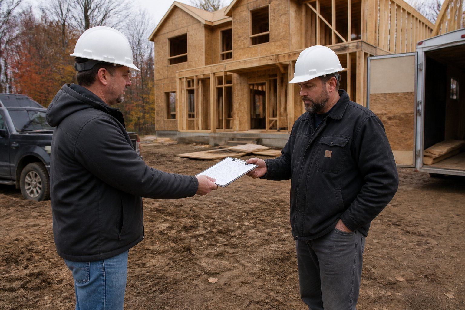 Contractor handing a certificate of insurance to a general contractor at a Pennsylvania new construction site