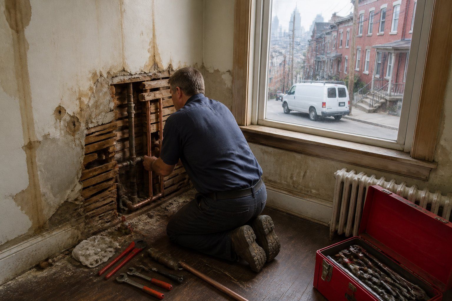 Plumber repairing copper supply lines behind a water-damaged wall in a Pittsburgh home