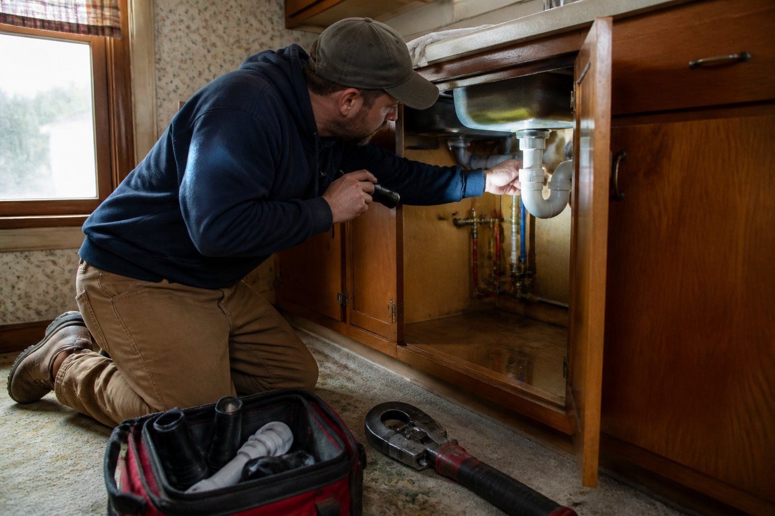 Plumber inspecting a supply line fitting under a kitchen sink in a western Pennsylvania home