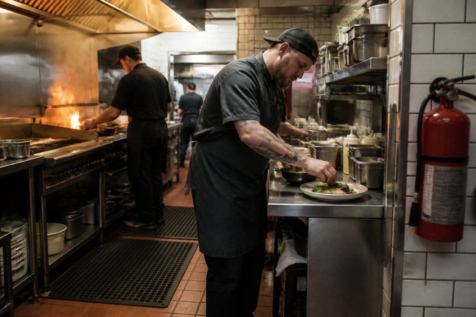 Chef plating food on a busy commercial restaurant kitchen line with a hood suppression system