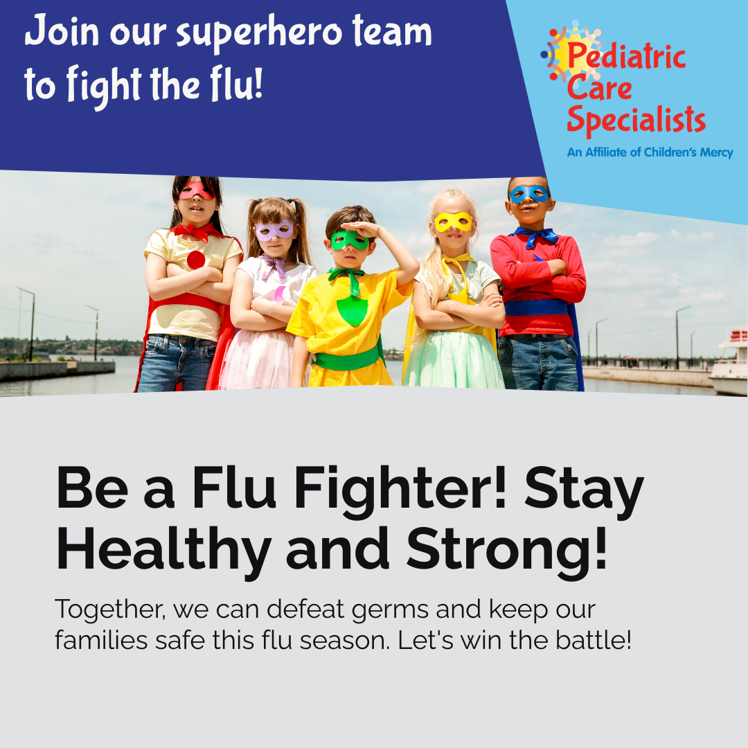 Children dressed as superheroes with flu-fighting message: “Be a Flu Fighter! Stay Healthy and Strong!”