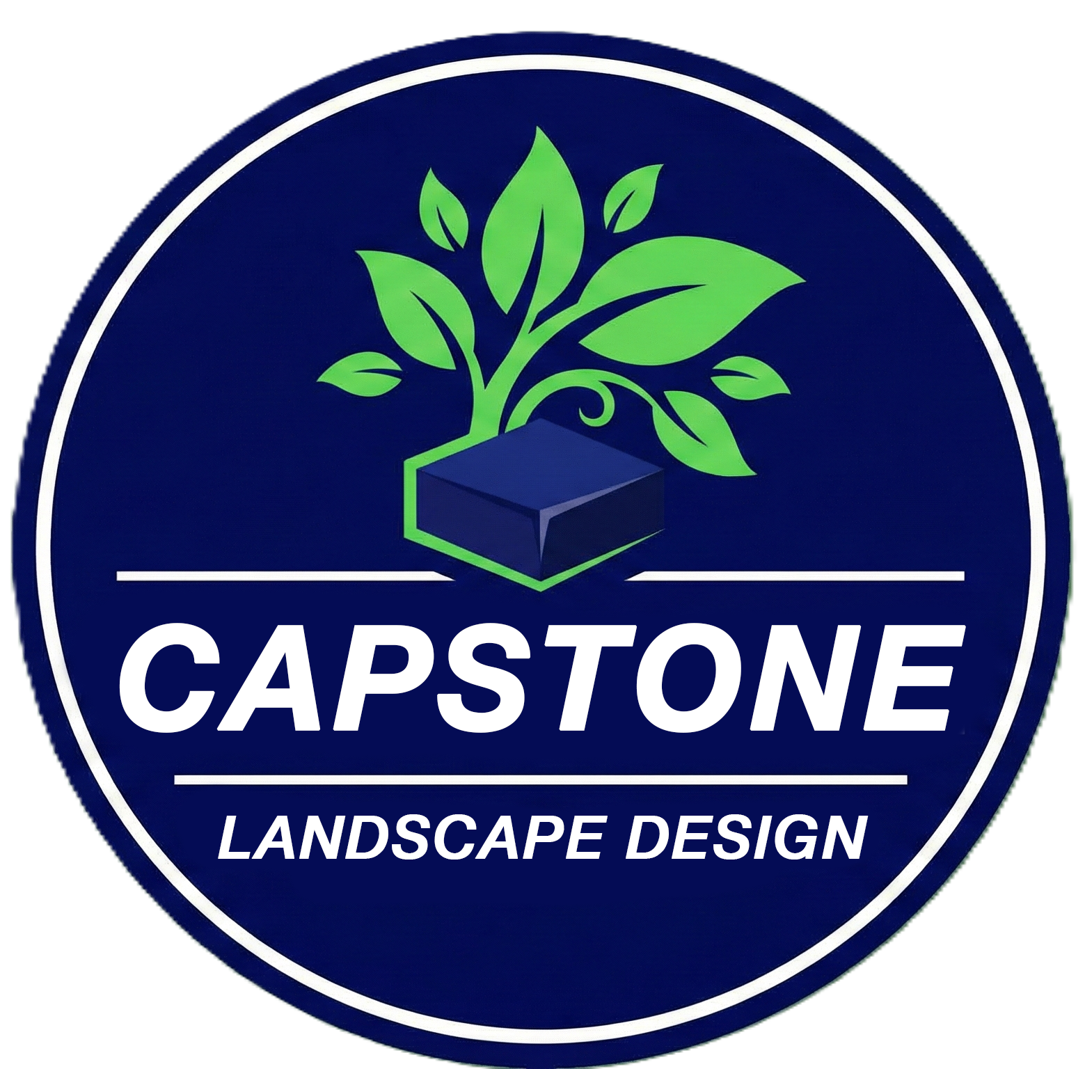 Capstone Landscape Design logo: a green plant growing from a blue stone, with text "CAPSTONE LANDSCAPE DESIGN" in a dark blue circle.
