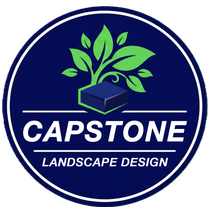 Capstone Landscape Design logo: a green plant growing from a blue stone, with text "CAPSTONE LANDSCAPE DESIGN" in a dark blue circle.