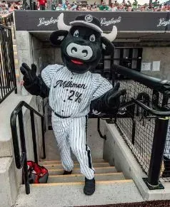 Baseball mascot, a black and white bull, waving with a smiling expression, stands in stadium tunnel entrance.
