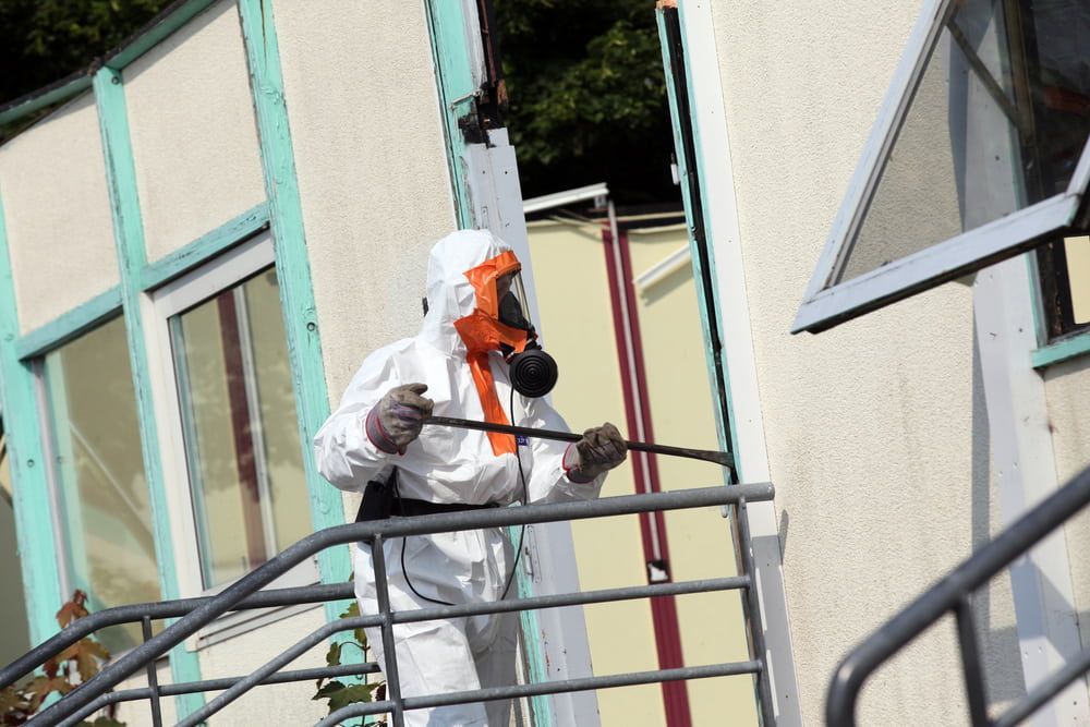 Person in Hazmat Suit Sprays Building Exterior — Dirt Werx in Kiama, NSW