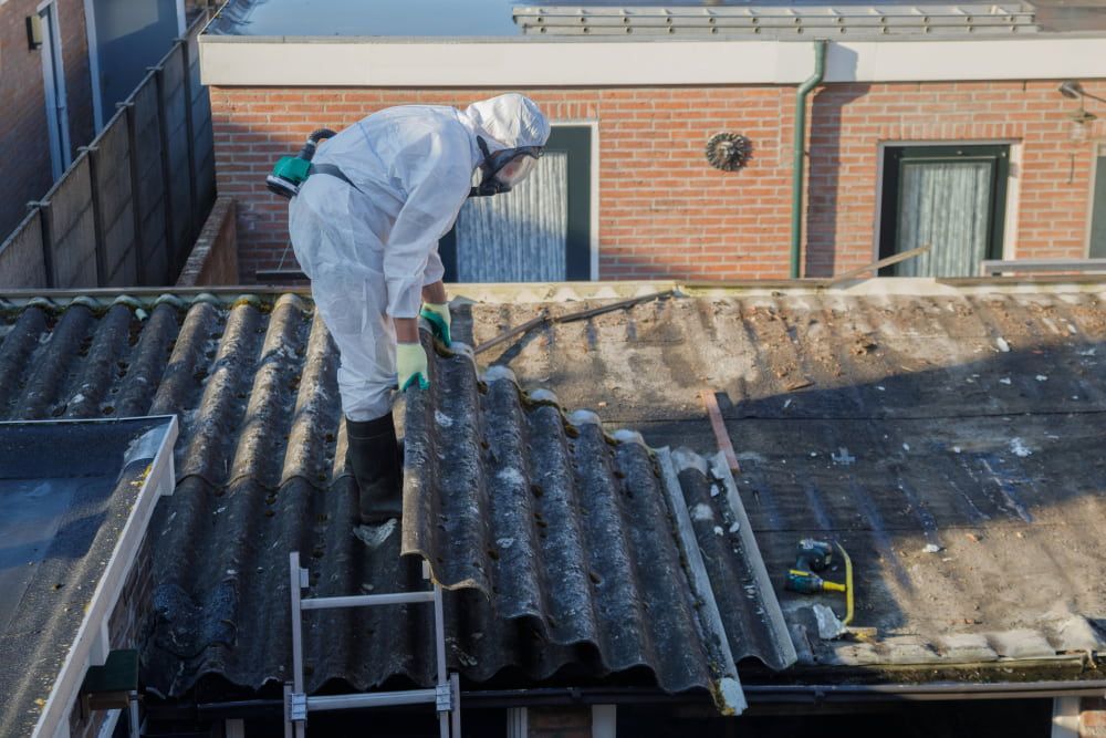Person in Protective Suit Removing Asbestos Roof Tiles From a House — Dirt Werx in Merimbula, NSW