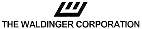 Logo for The Waldinger Corporation. Black and white, stylized letter 