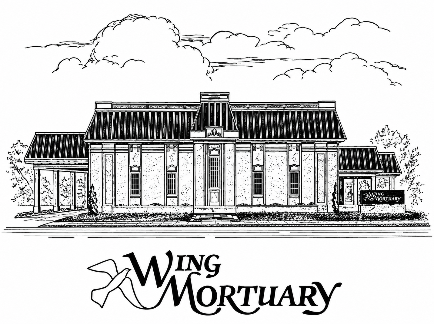 Black-and-white sketch of Wing Mortuary building with logo text below