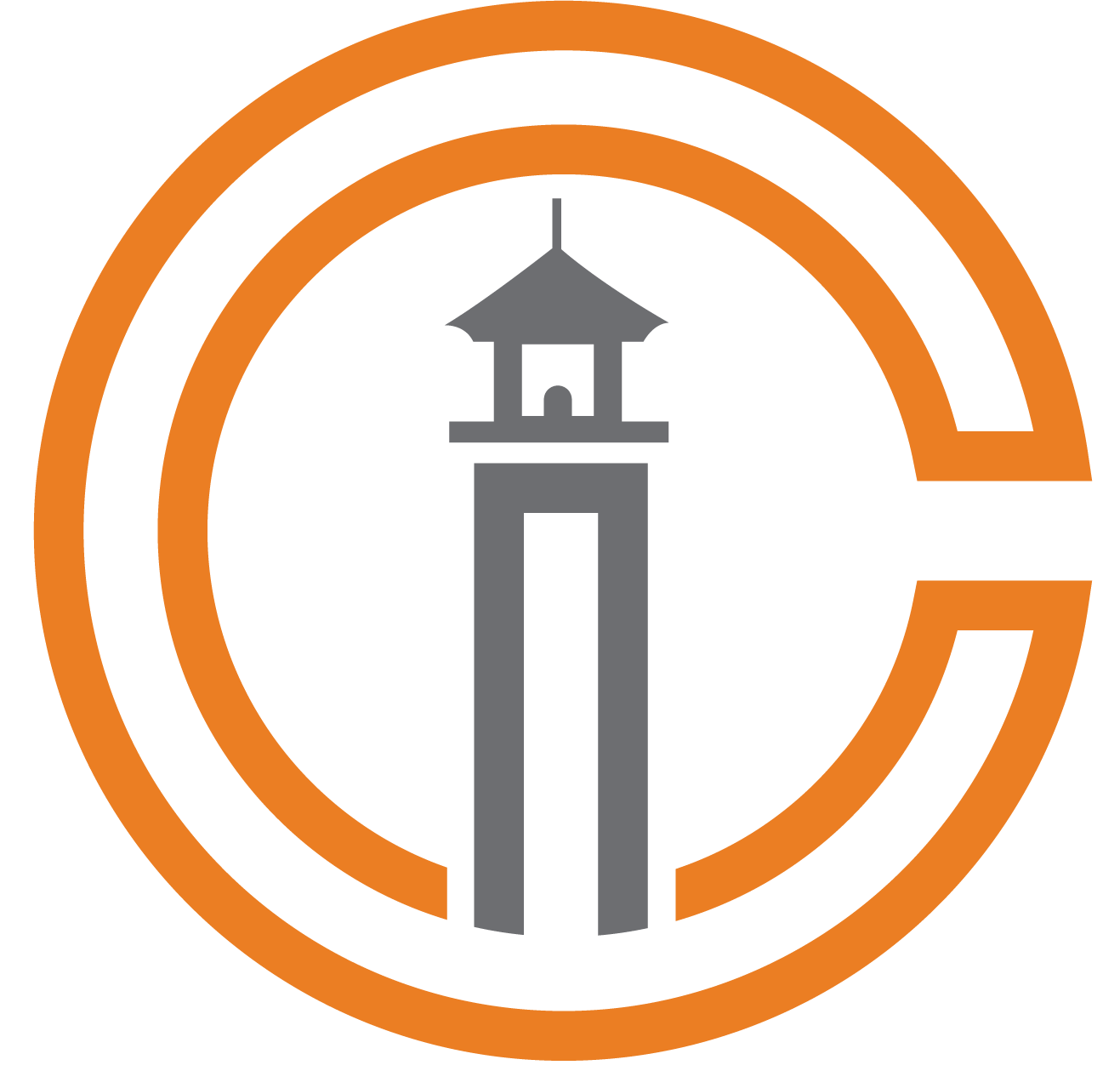 Orange and gray logo featuring a tower inside a double-lined orange 