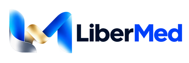 Logotipo de LiberMed con un icono estilizado de una «M» en azul y dorado y un nombre de marca en azul marino