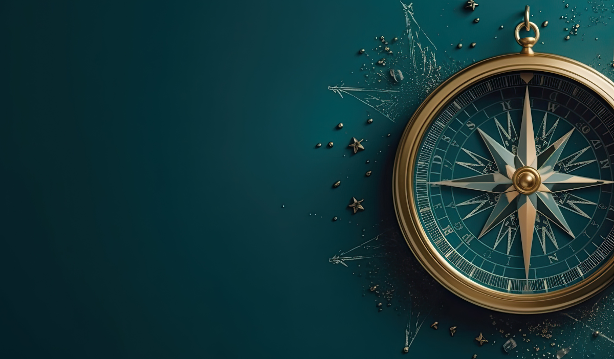 Gold compass on teal background, pointing northeast; decorative.