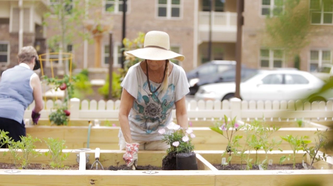 Two residents gardening in a raised-bed community garden at an apartment complex.