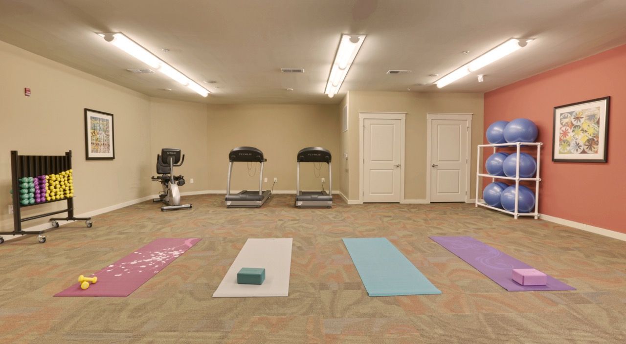Indoor fitness room with yoga mats, treadmills, weights, and exercise balls.