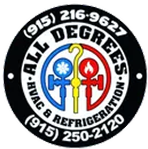 Logo for All Degrees HVAC & Refrigeration: round emblem with phone numbers, icons, and text.