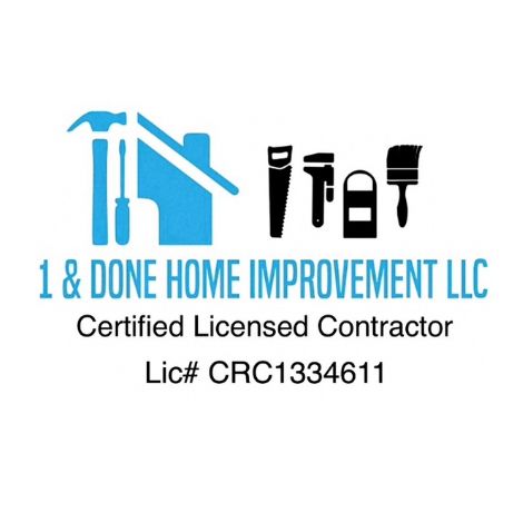 1 & Done Home Improvement LLC logo with blue house and black tools, certified licensed contractor, Lic# CRC1334611