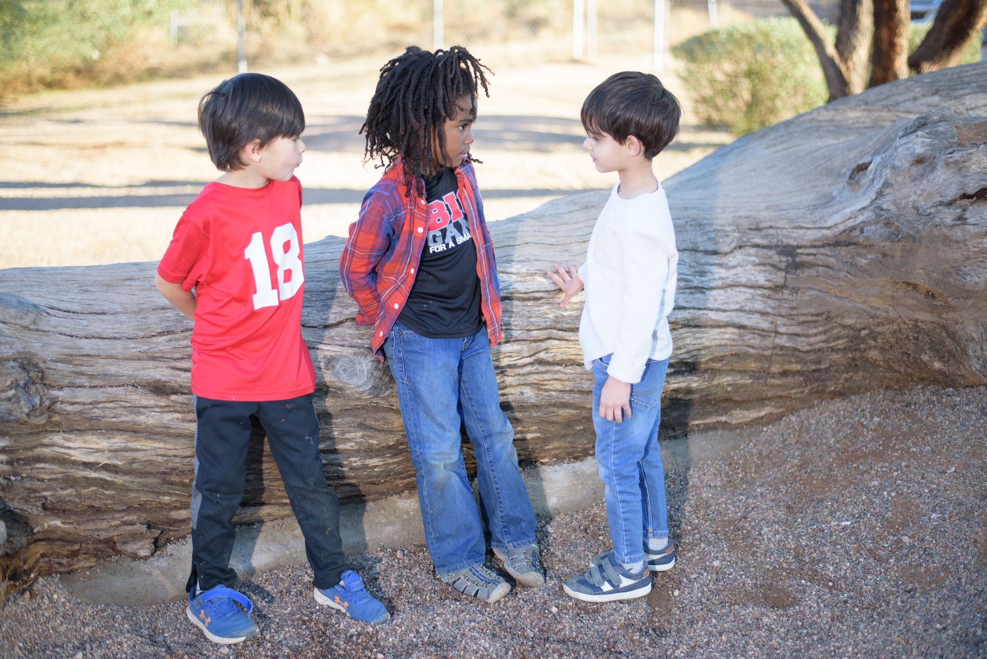 Three children stand outdoors near a large log, talking in a sunny park.