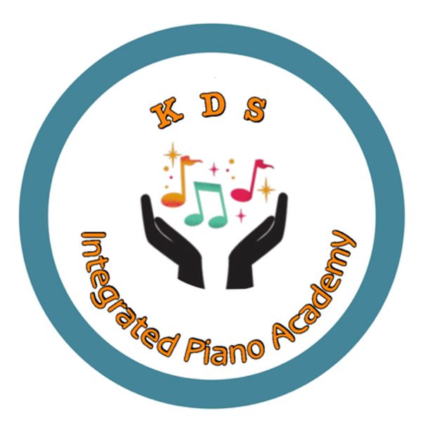 KDS Integrated Piano Academy logo with teal ring, hands, colorful music notes, and orange text