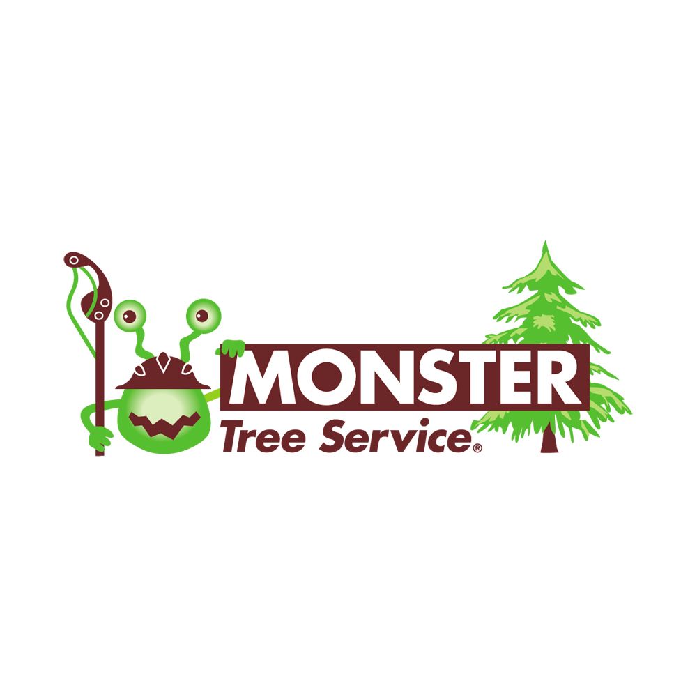 Monster Tree Service logo with a brown and green tree, a stylized monster face, and a green pine tree.