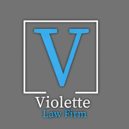 Violette Law Firm logo with a blue V inside a white square on a gray background