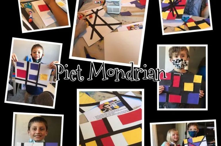 Children showing Piet Mondrian-style geometric art in a classroom collage, with colorful red, blue, black, and white blocks