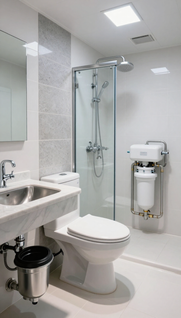 Accessible bathroom with white toilet, sink, shower bench, and grab bars on light gray walls
