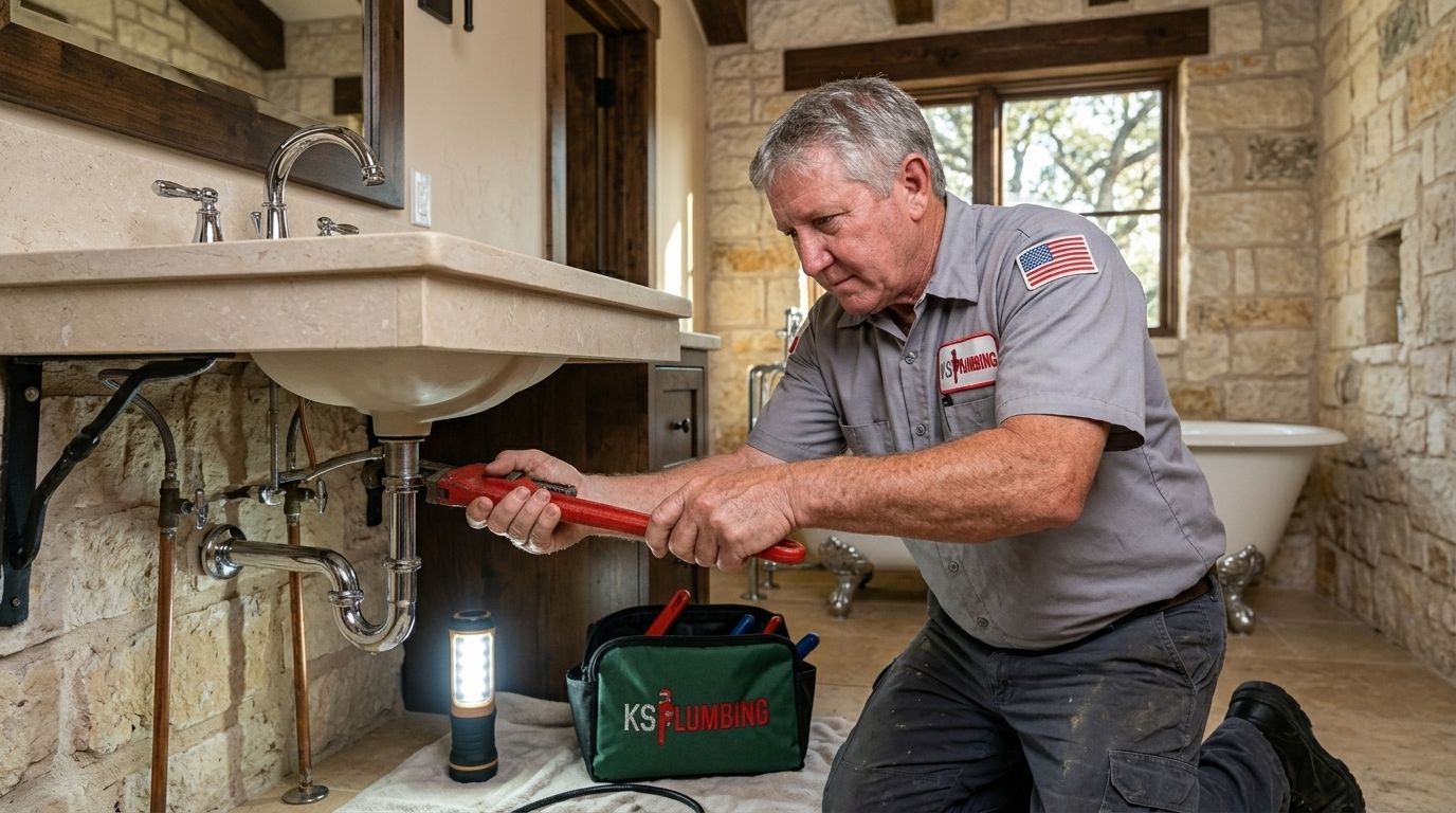 Plumber kneeling under a sink, fixing pipes with tools in a bathroom or utility room.