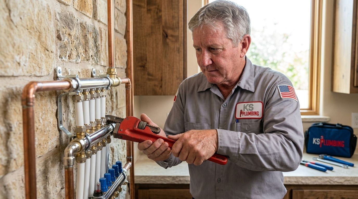 Plumber tightening copper pipe fittings with a wrench in a home utility room