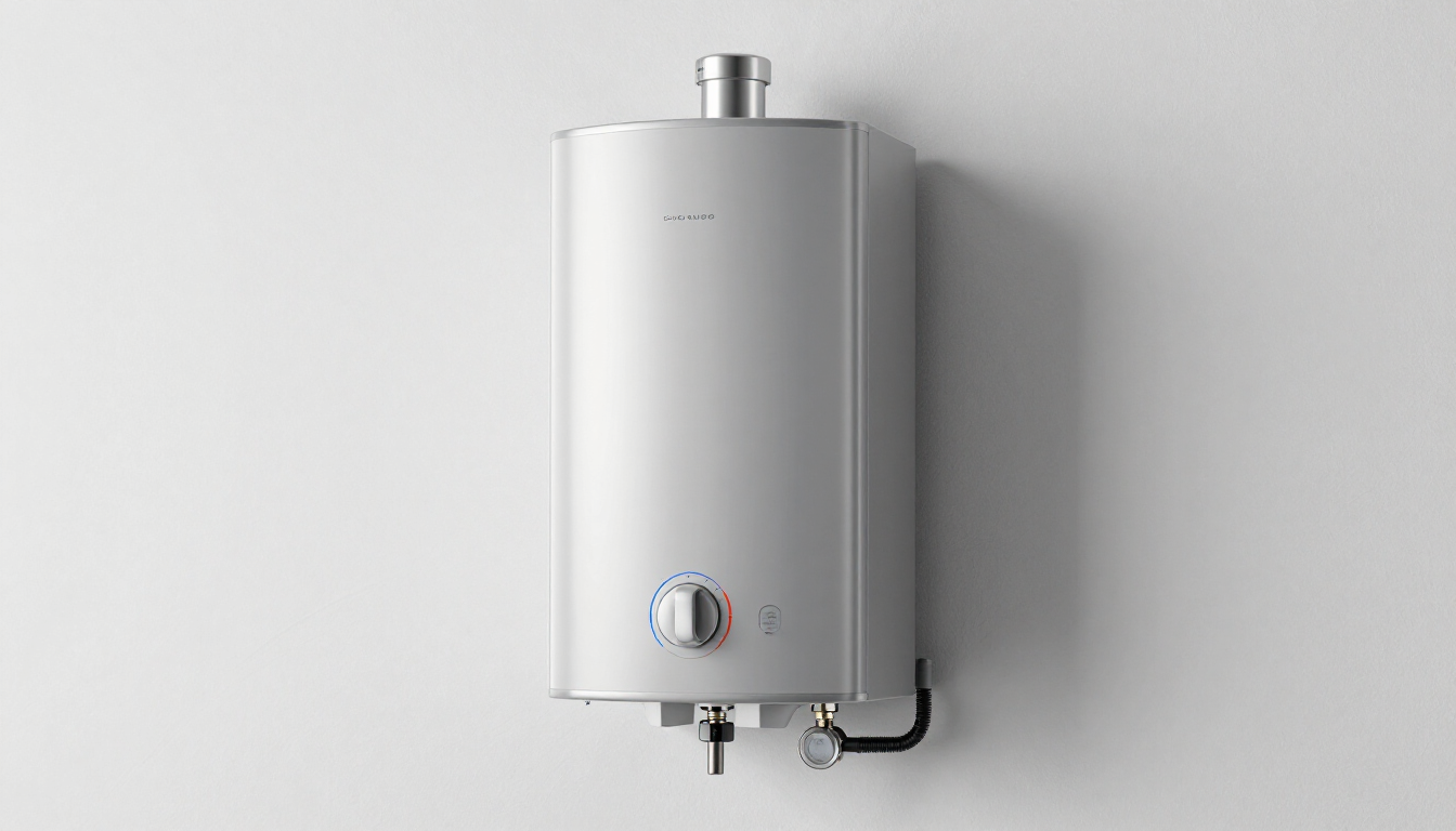 Wall-mounted white water heater with pipes and control knob against a light gray wall