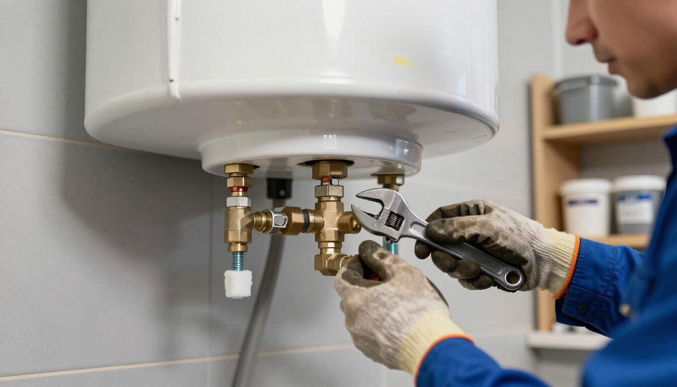 Technician tightening pipes under a white water heater with a wrench in a tiled utility room