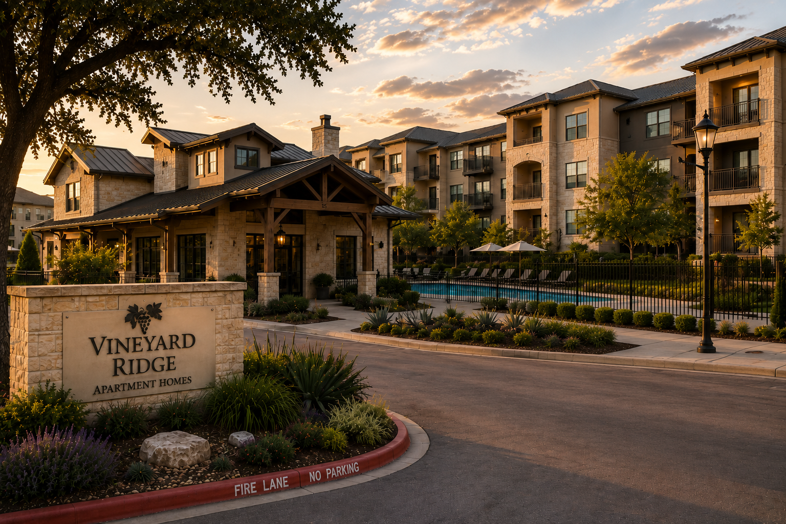 Entrance sign for Vineyard Ridge apartment complex at sunset, with landscaped grounds and modern buildings in the background