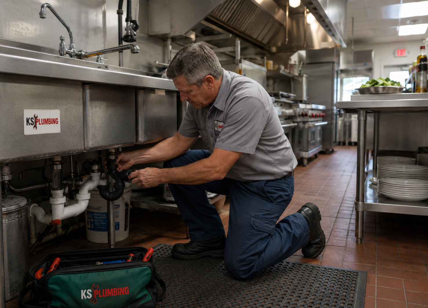 Technician kneeling under a stainless-steel sink, repairing pipes in a commercial kitchen