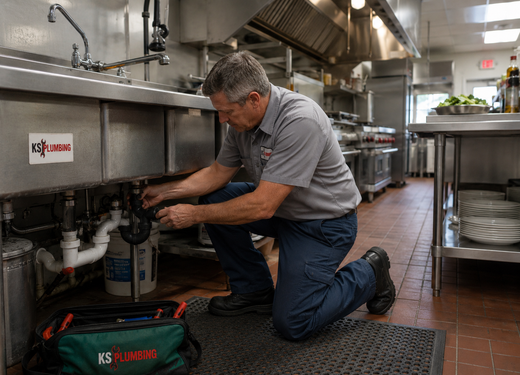 Technician kneeling under a stainless-steel sink, repairing plumbing in a commercial kitchen