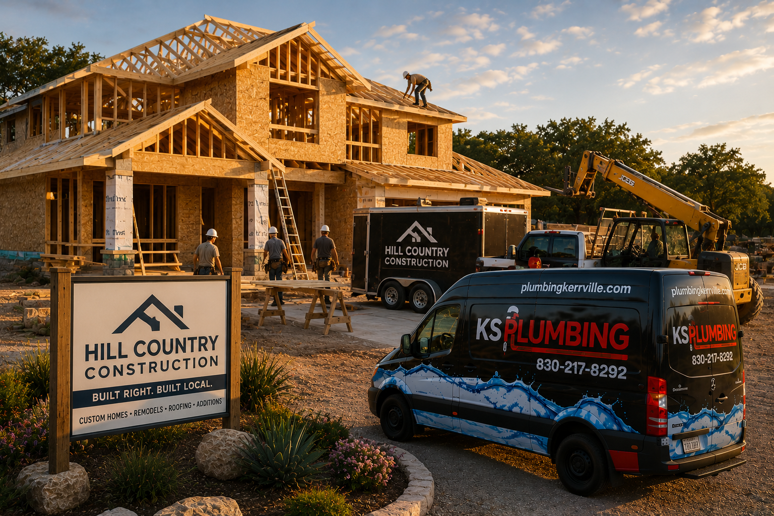 Hill Country Construction home under construction with a KS Plumbing van and sign in front