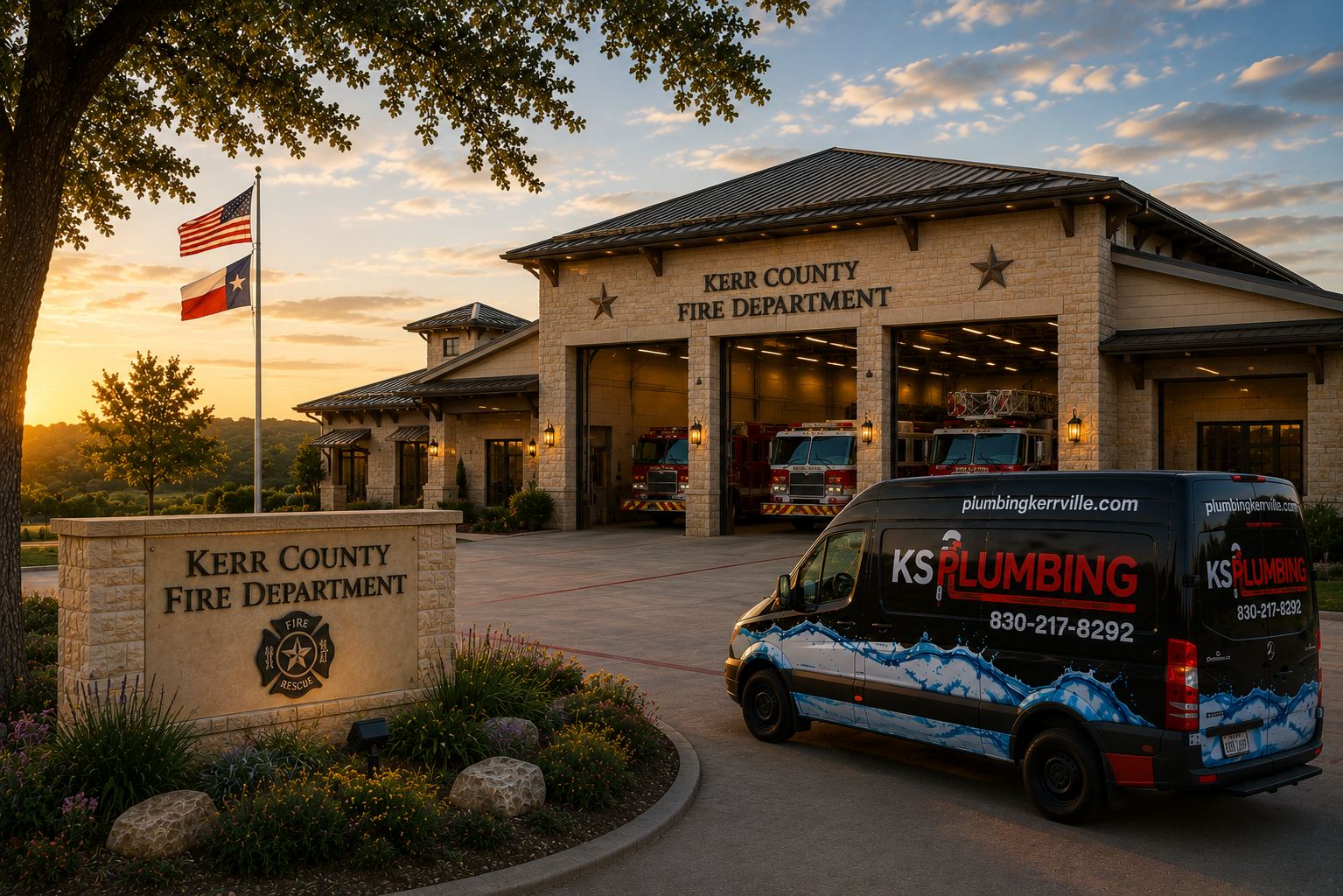 Kerr County Fire Department station at sunset with a K5 Plumbing van parked outside