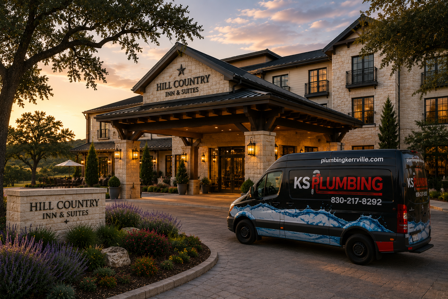 Hill Country Inn entrance at dusk with a KS Plumbing van parked outside