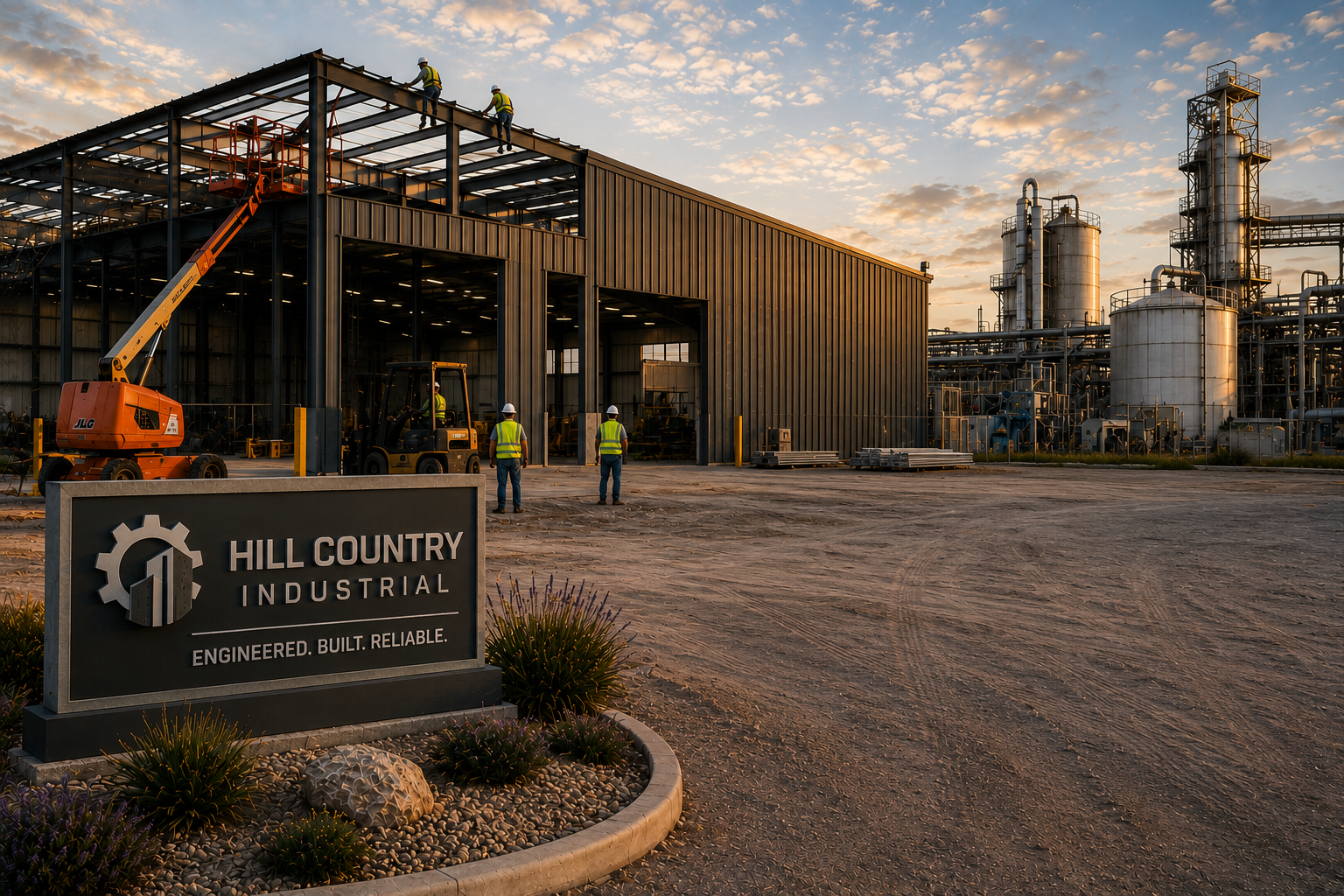 Industrial facility under construction at sunset, with workers, excavator, and Hill Country Industrial sign.