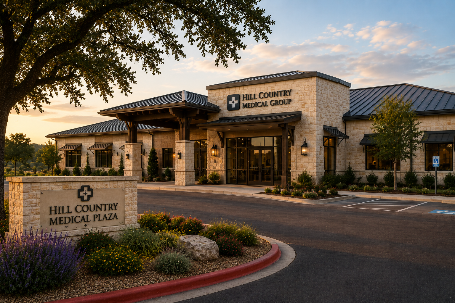 Hill Country Medical Plaza building at sunset, with stone exterior, entrance canopy, and landscaped sign.