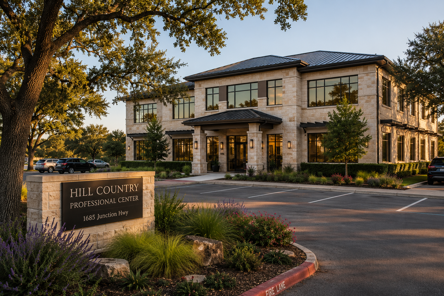 Stone office building with a front entrance and sign, surrounded by trees at dusk.