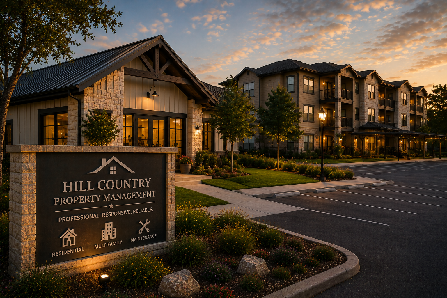 Hill Country apartment complex entrance at dusk with lit sign, stone buildings, and parking lot
