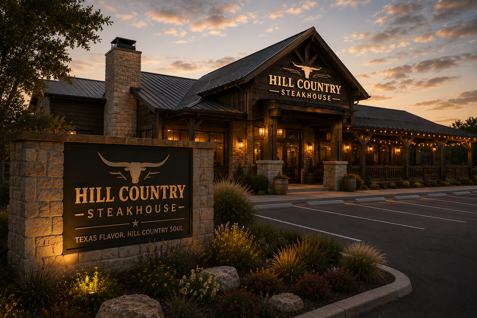 Hill Country Steakhouse sign and lodge entrance at dusk, warmly lit with stone exterior and landscaping