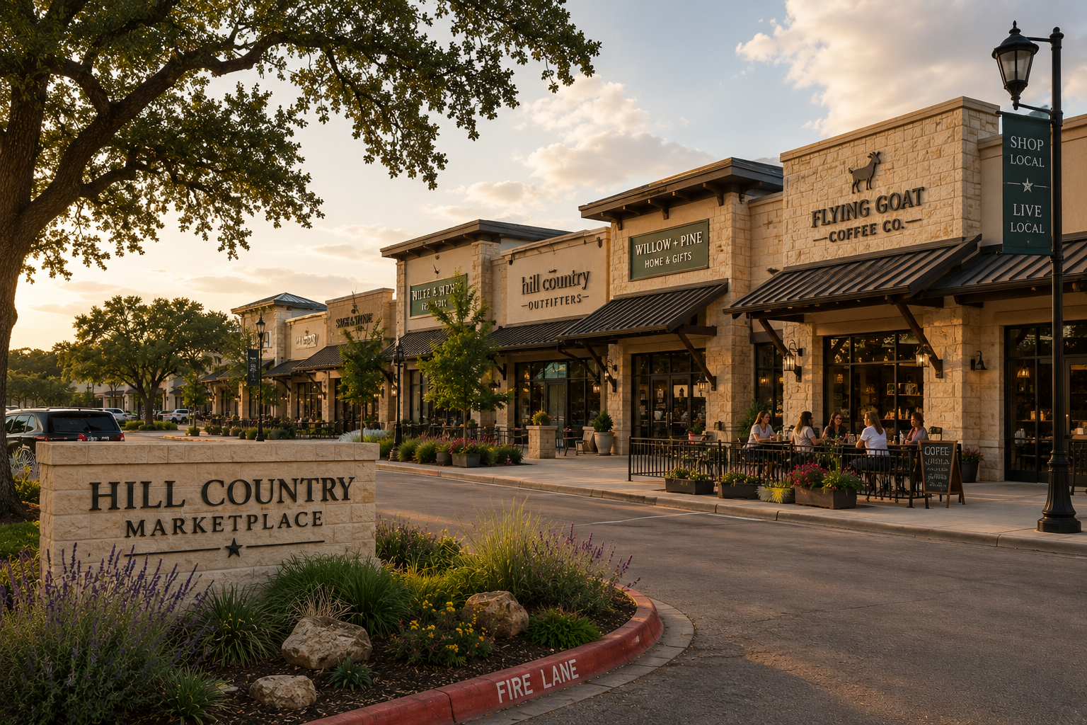 Hill Country Marketplace storefronts at sunset, with sign, outdoor seating, and landscaped entrance.