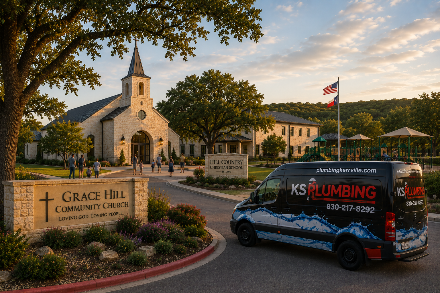 Grace Hill church at sunset with a KS Plumbing van parked in front.