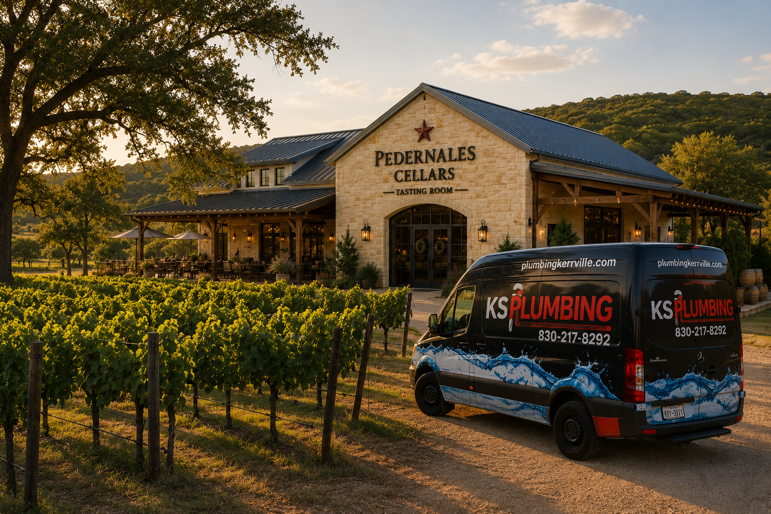 Vineyard with stone building at sunset and a branded service van parked in front