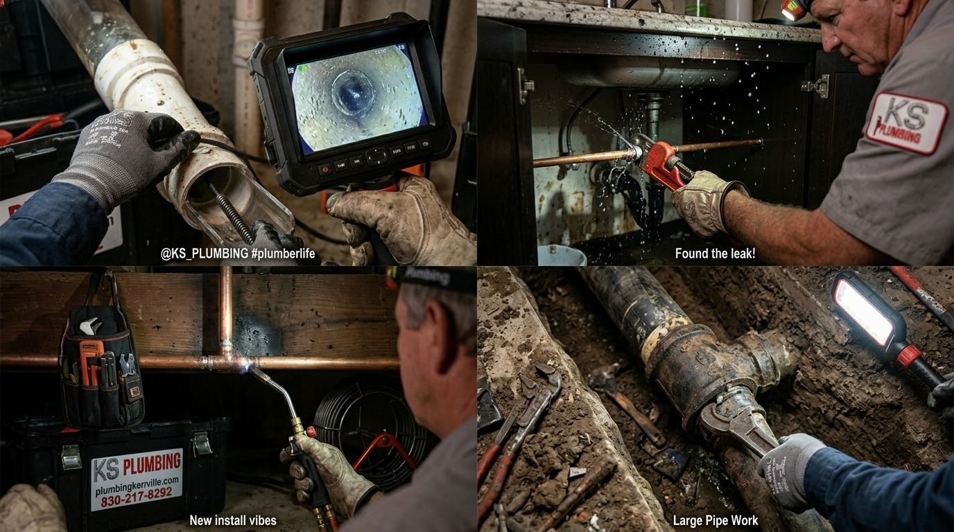 Workers inspect a damaged pipe with a camera in a confined industrial space, viewing the feed on a monitor.