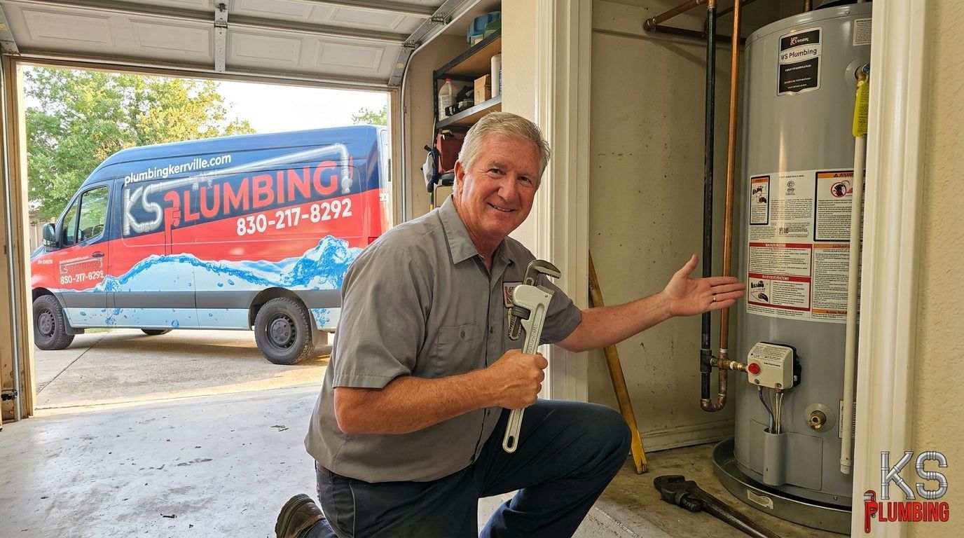 Technician kneels by a water heater in a garage, gesturing toward its controls and smiling.