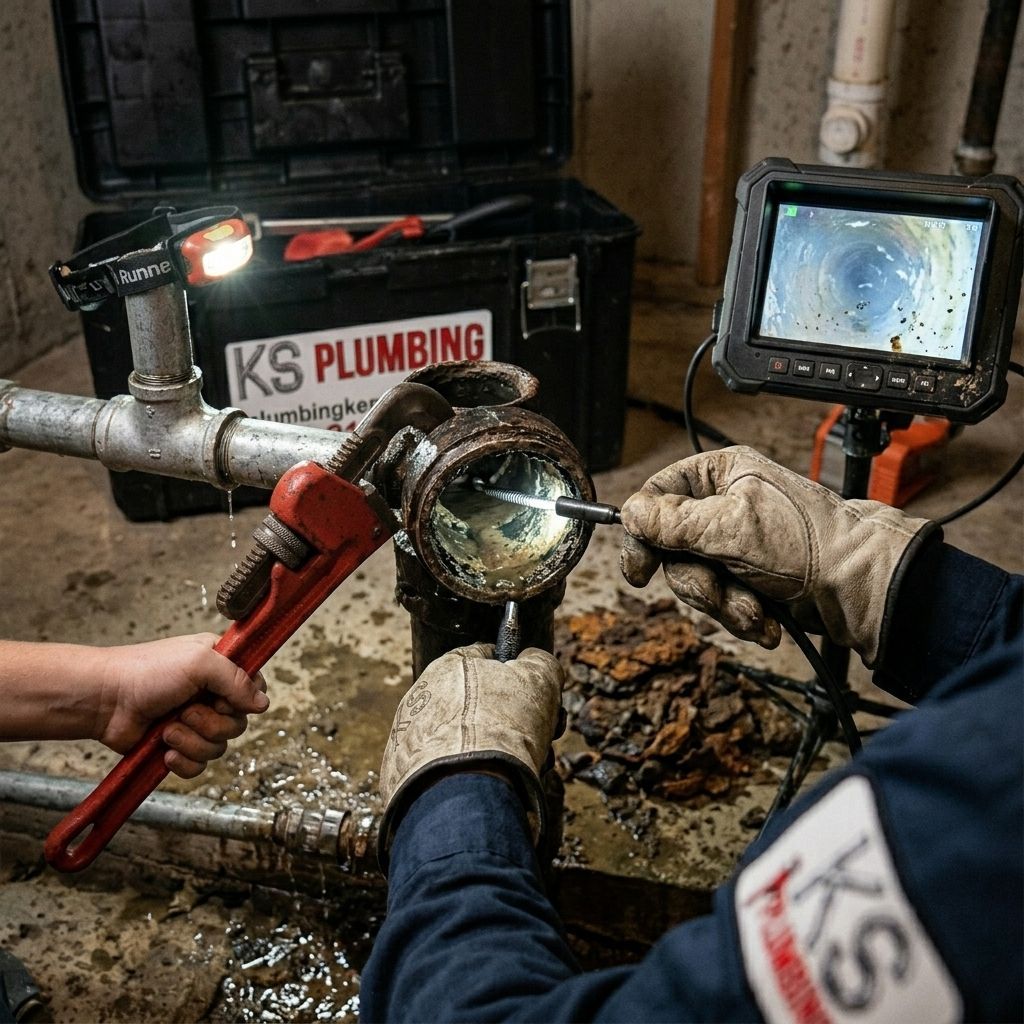 Plumber using a camera to inspect a corroded pipe inside a dark utility space