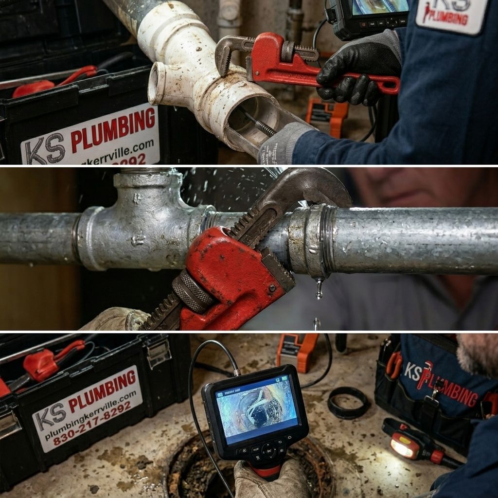 Plumber cutting and inspecting a rusty pipe with red tools and a camera monitor in a basement setting