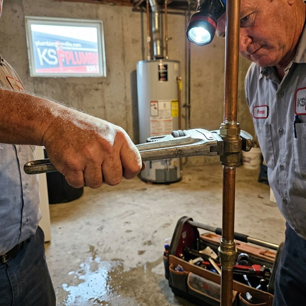 Two workers use a pipe wrench on plumbing in a basement workshop, with tools scattered nearby.